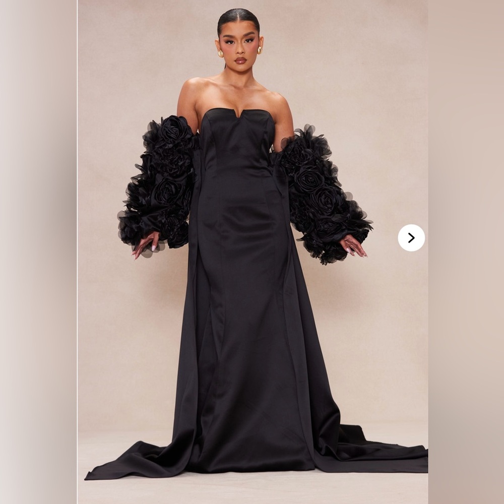 Elegant Black Gown with Floral Sleeves